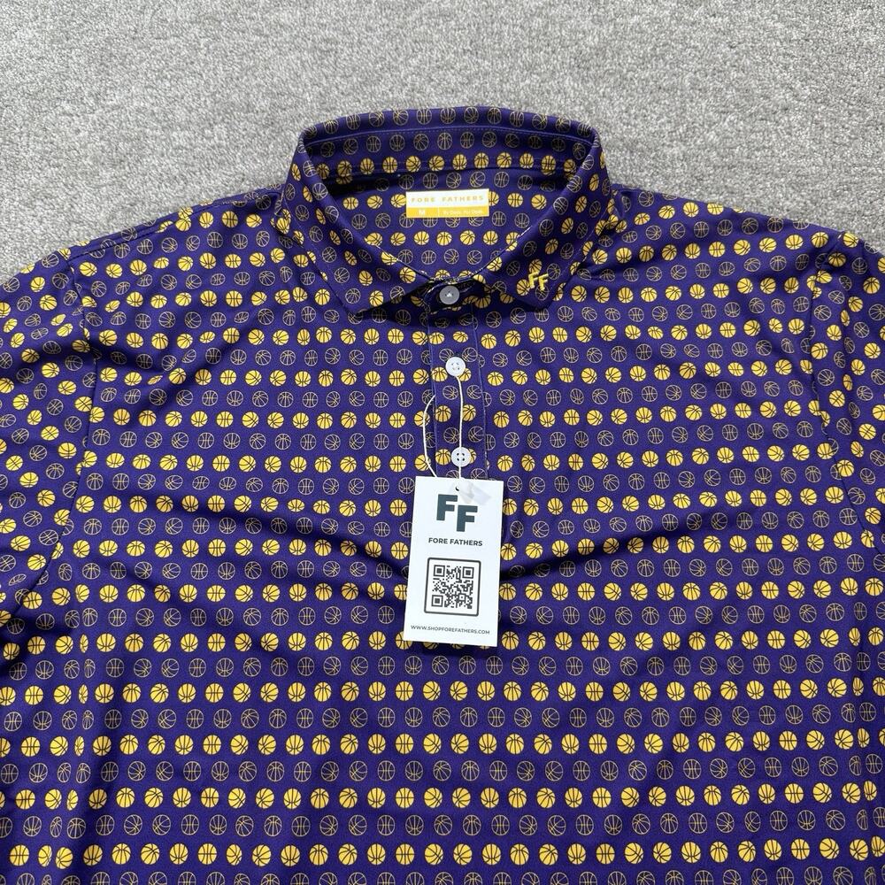 Fore Fathers Fadeaway Purple Polo Shirt M Basketball Lakers All Over Print Golf